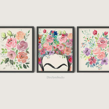 Frida Kahlo Wall Art, Colourful Floral Wall Art Prints Set of 3